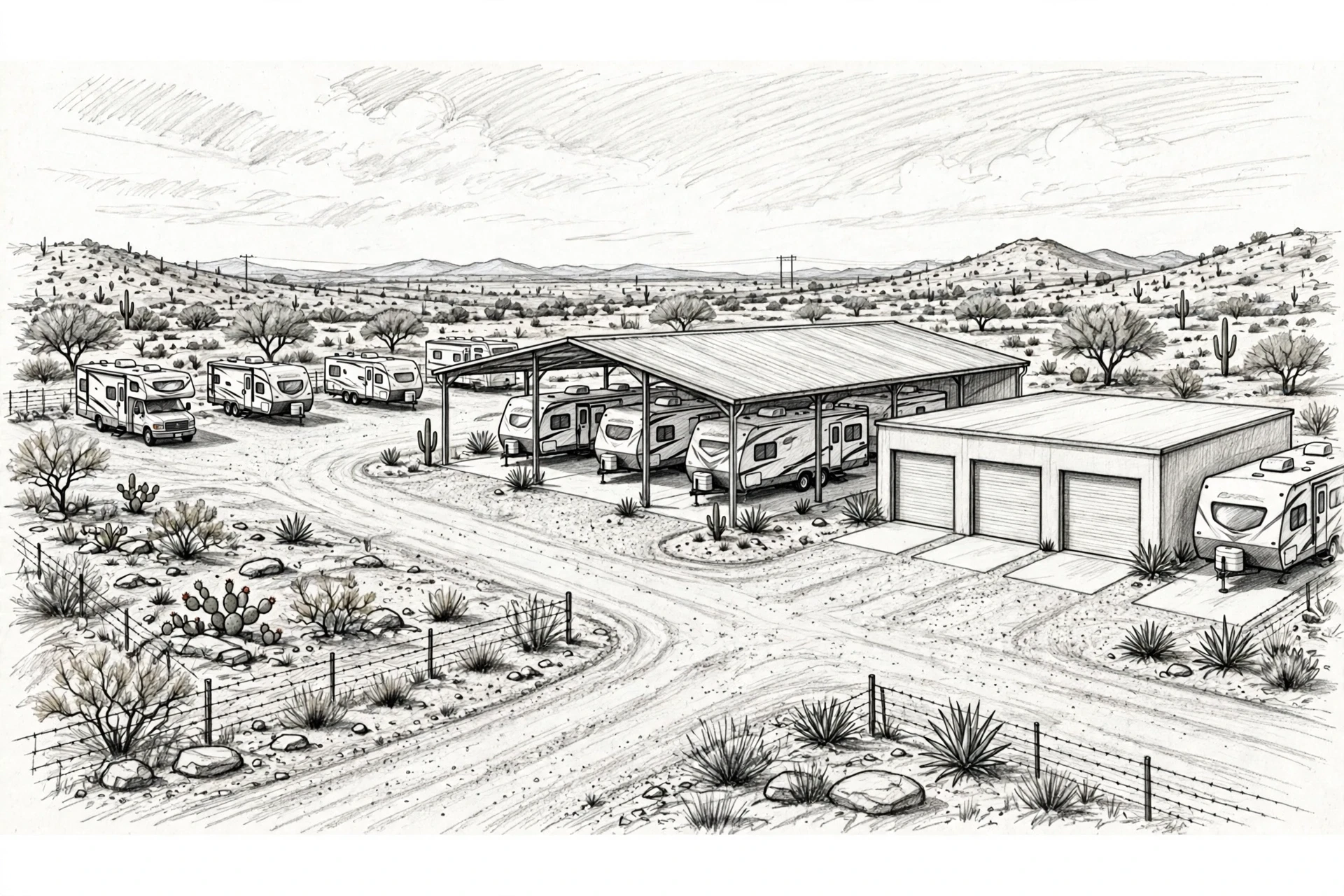 Pencil sketch of covered RV bays beside open gravel lots
