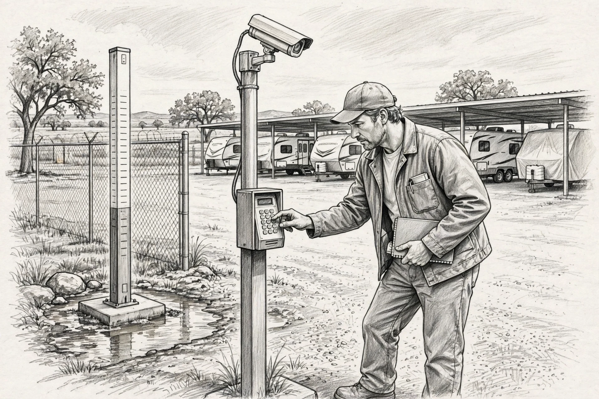Pencil sketch of owner inspecting gate keypad and camera