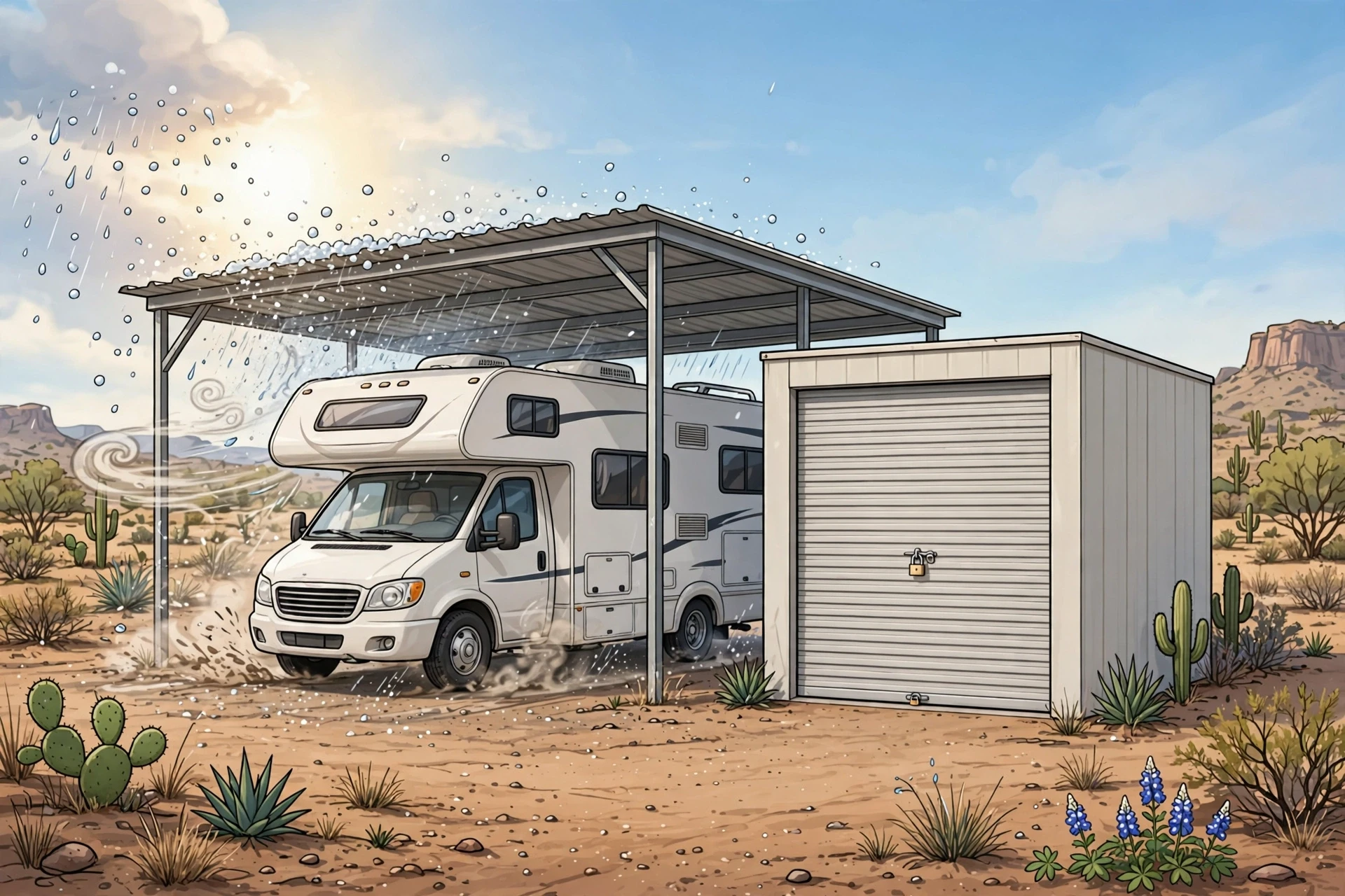 Texas RV under carport beside locked storage unit
