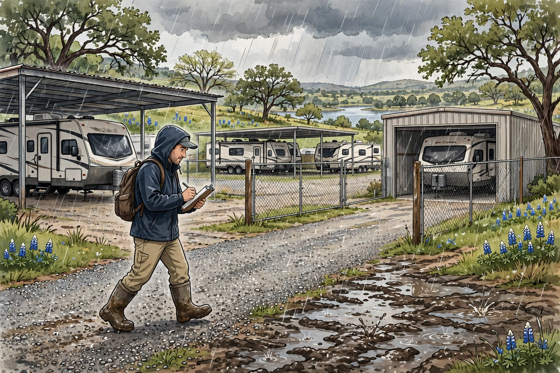 RV owner inspecting fenced Texas storage lot