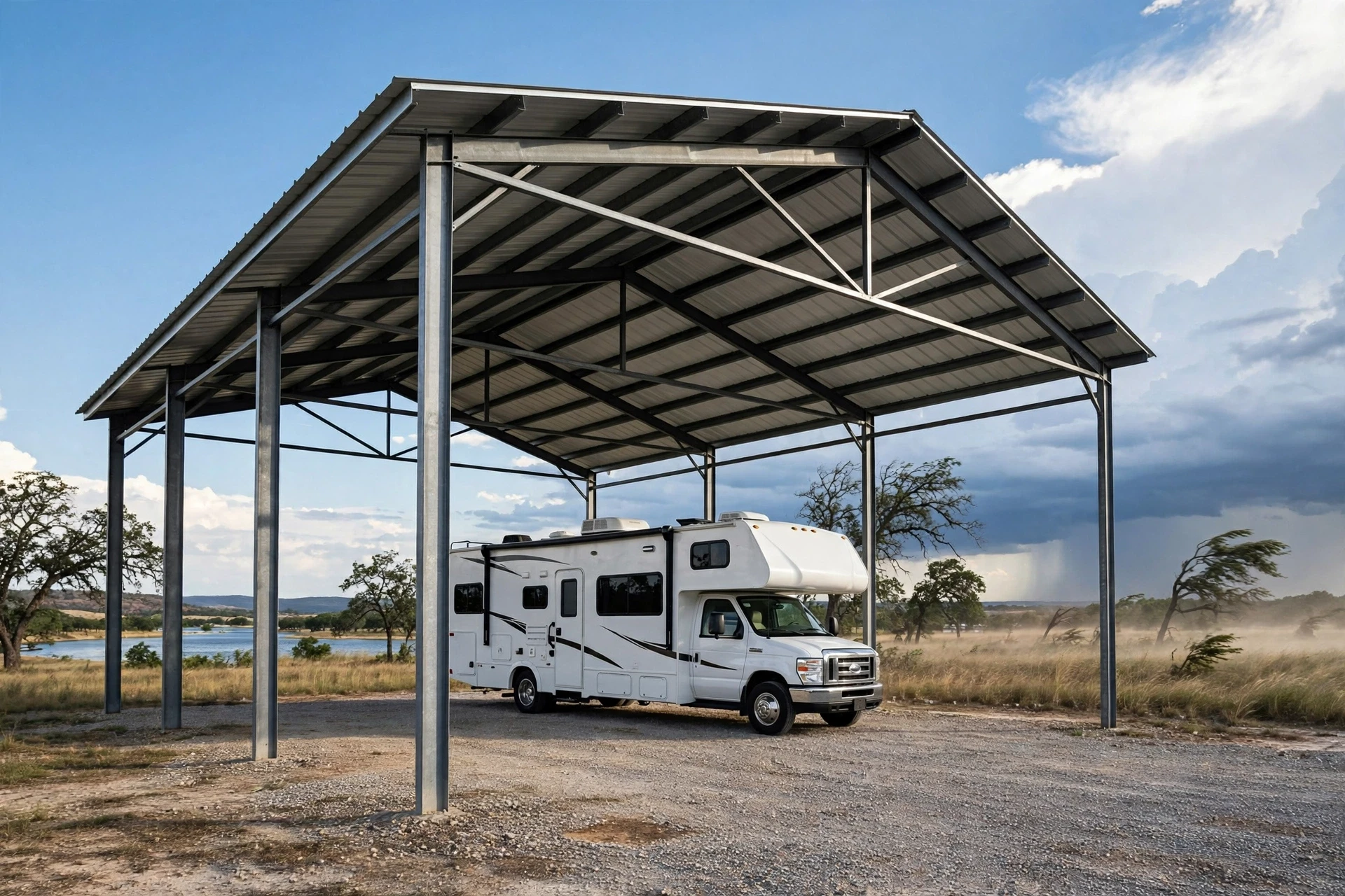 RV under steel canopy in Texas sun