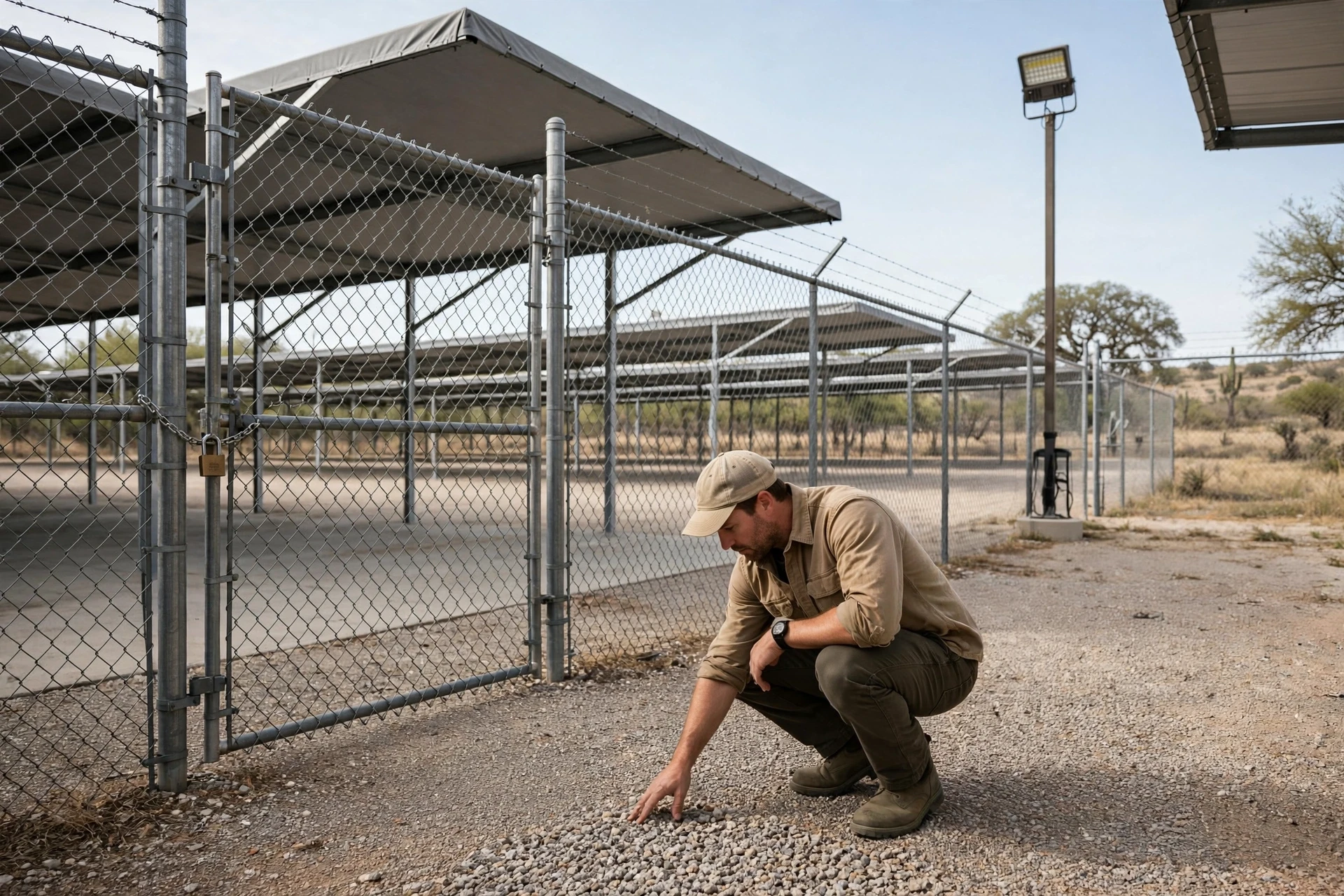 Owner inspecting gravel RV pad and gate