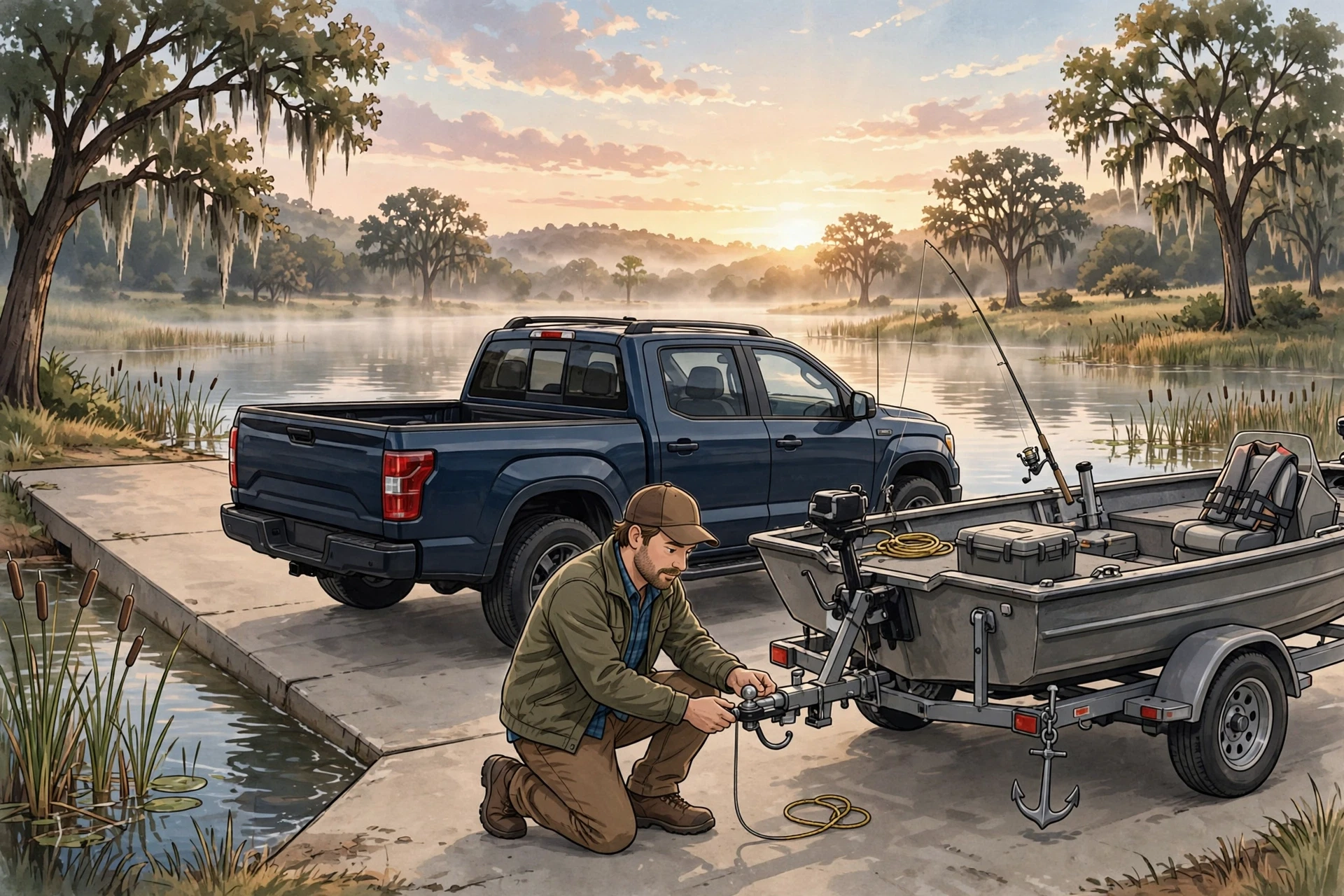 Angler hooks trailer to pickup at dawn near Texas lake ramp